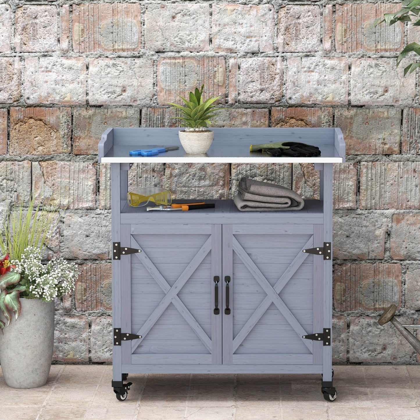 Outdoor Wooden Potting Bench with Storage Cabinet and Movable Wheels, Gray