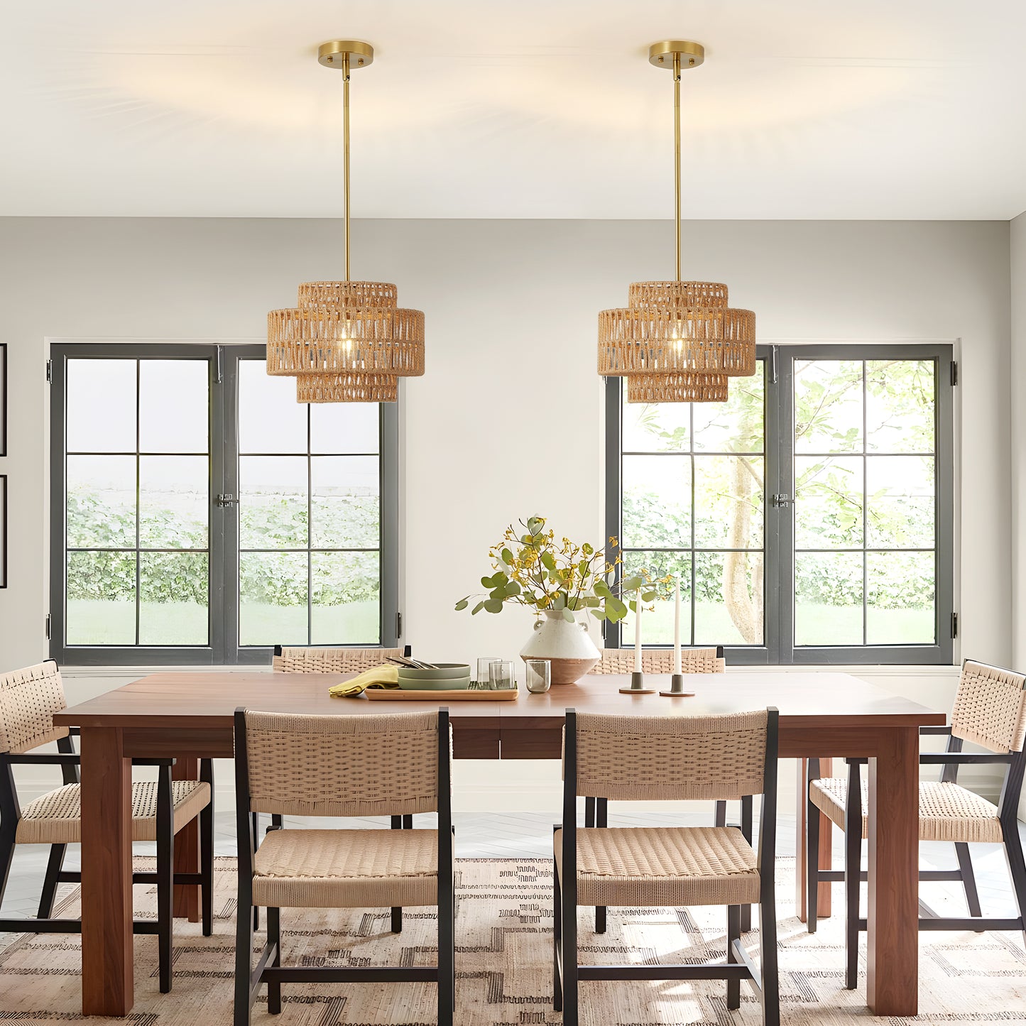 12.6in Boho Rattan Pendant Light Fixture - Farmhouse Rustic Hanging Lamp for Kitchen & Living Room