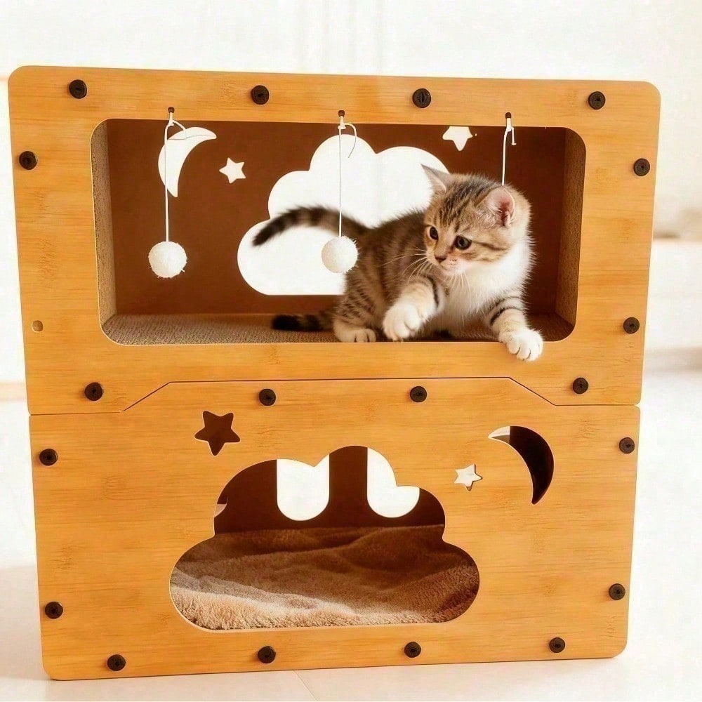 Double Layer Cat Scratcher House Large Space Cat Bed with Hanging Toy