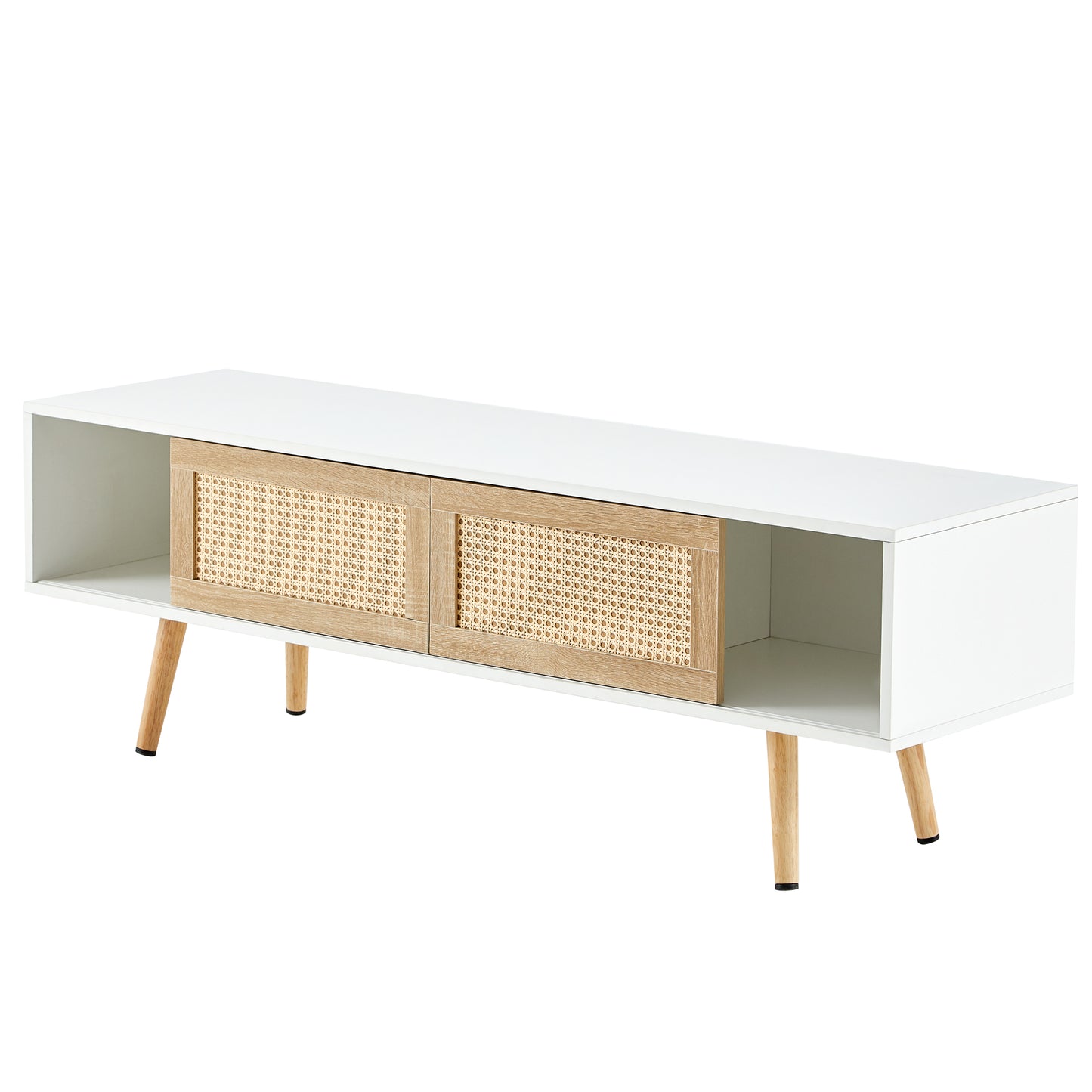 55.12" Rattan TV Cabinet with Sliding Doors & Adjustable Shelf - White