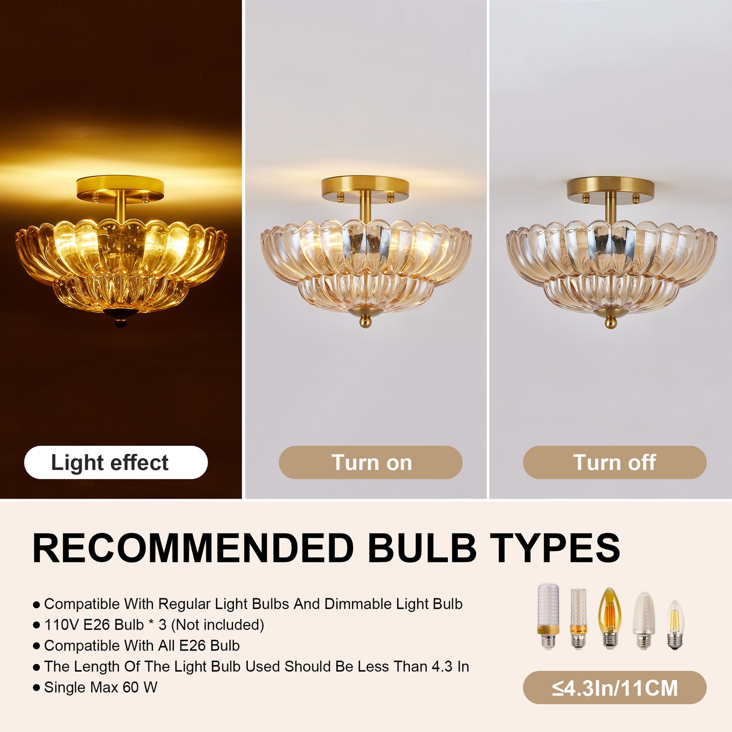 11.8 Inch Semi Flush Mount Ceiling Light with Flower Glass - Vintage Indoor Fixture