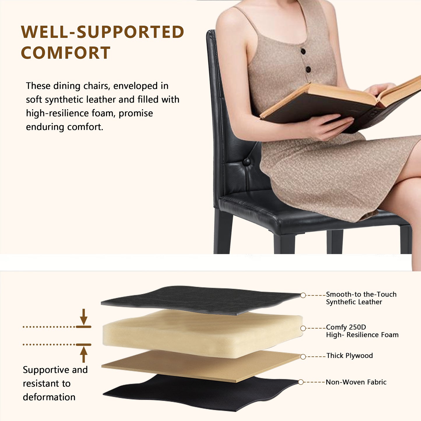4-pack Black PU Dining Chairs Ergonomic Buckle Backrest, 35 Inches