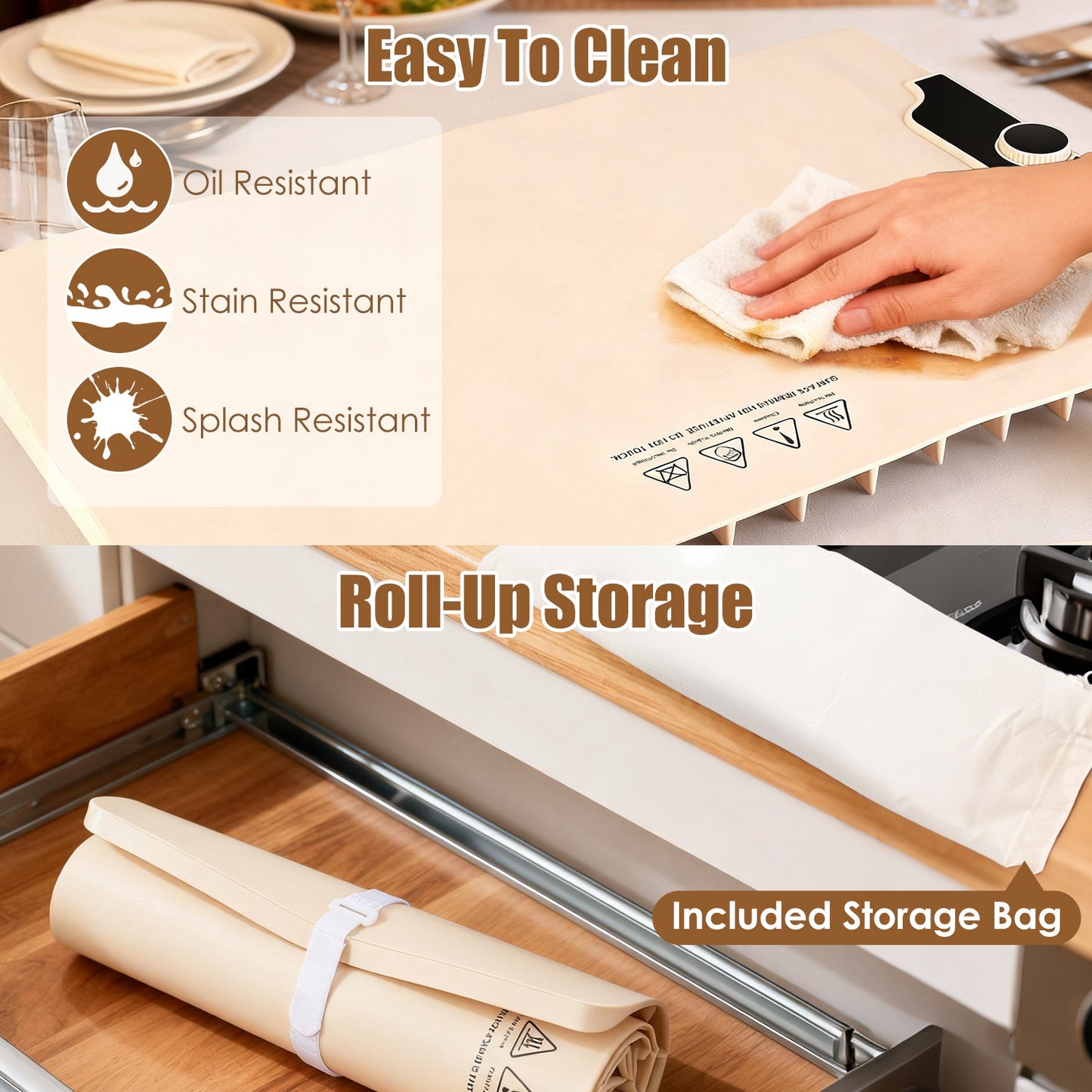 Portable Food Warming Mat 23.6x15.8in 300W Electric Silicone Food Warmer with 14 Temperature Levels & 10H Timer - Beige
