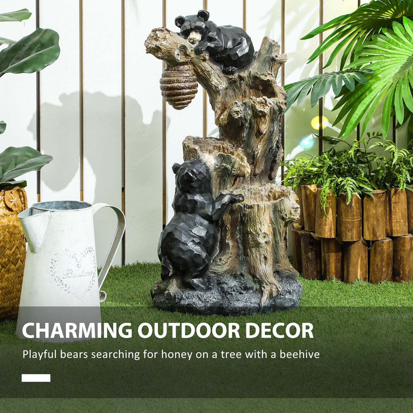 3-Tier Outdoor Fountain with LED Lights - Bear & Beehive Design