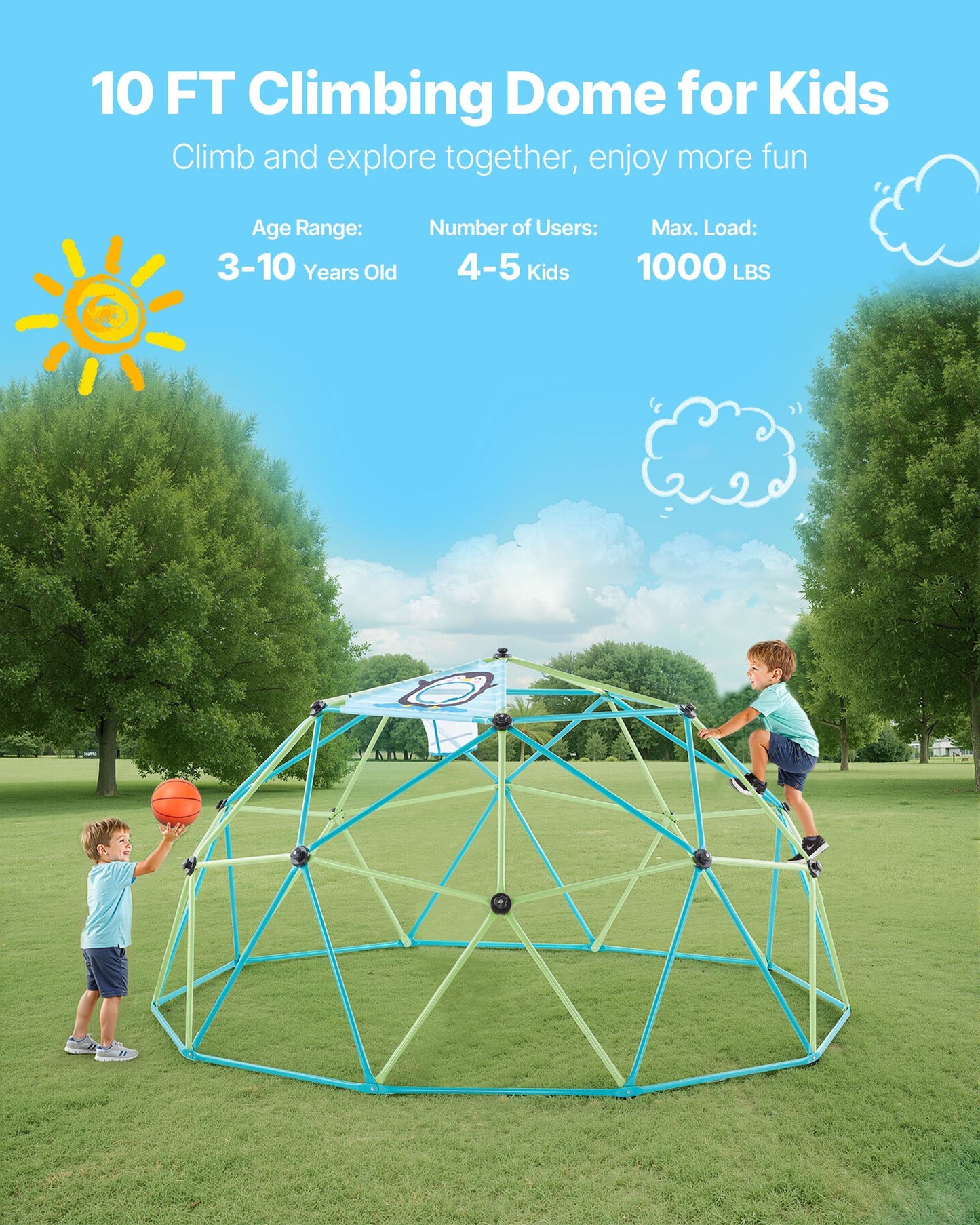 10FT Kids Climbing Dome Playset with Jungle Gym, Basketballs & Octopus Net