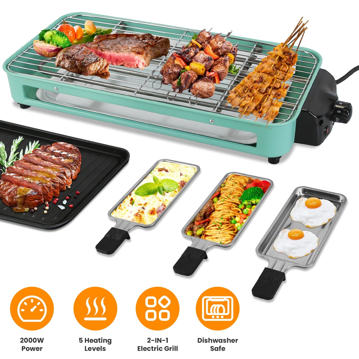 2000W Electric Indoor Grill - 2-in-1 BBQ & Baking Tray