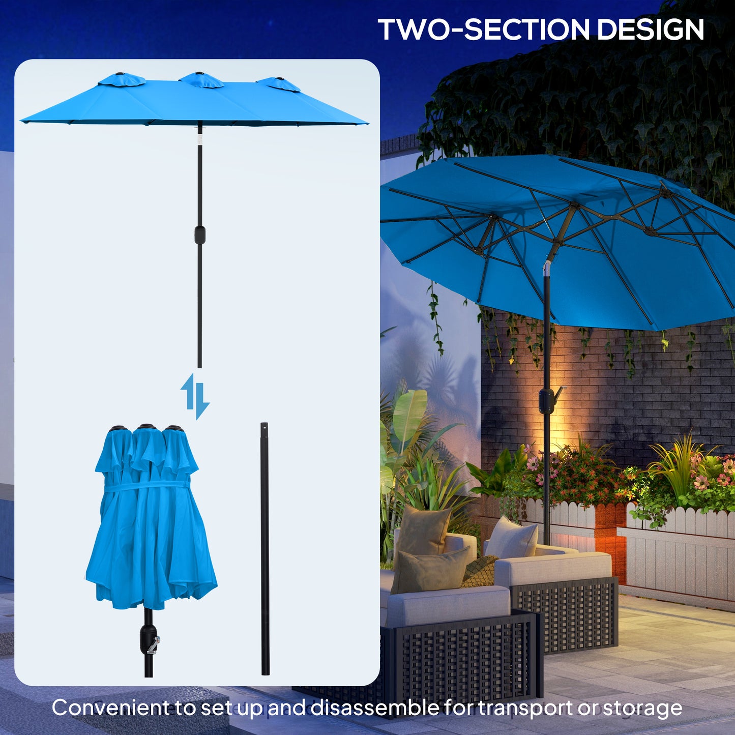 Double-Sided Patio Umbrella with Push Button Tilt - Cyan Blue