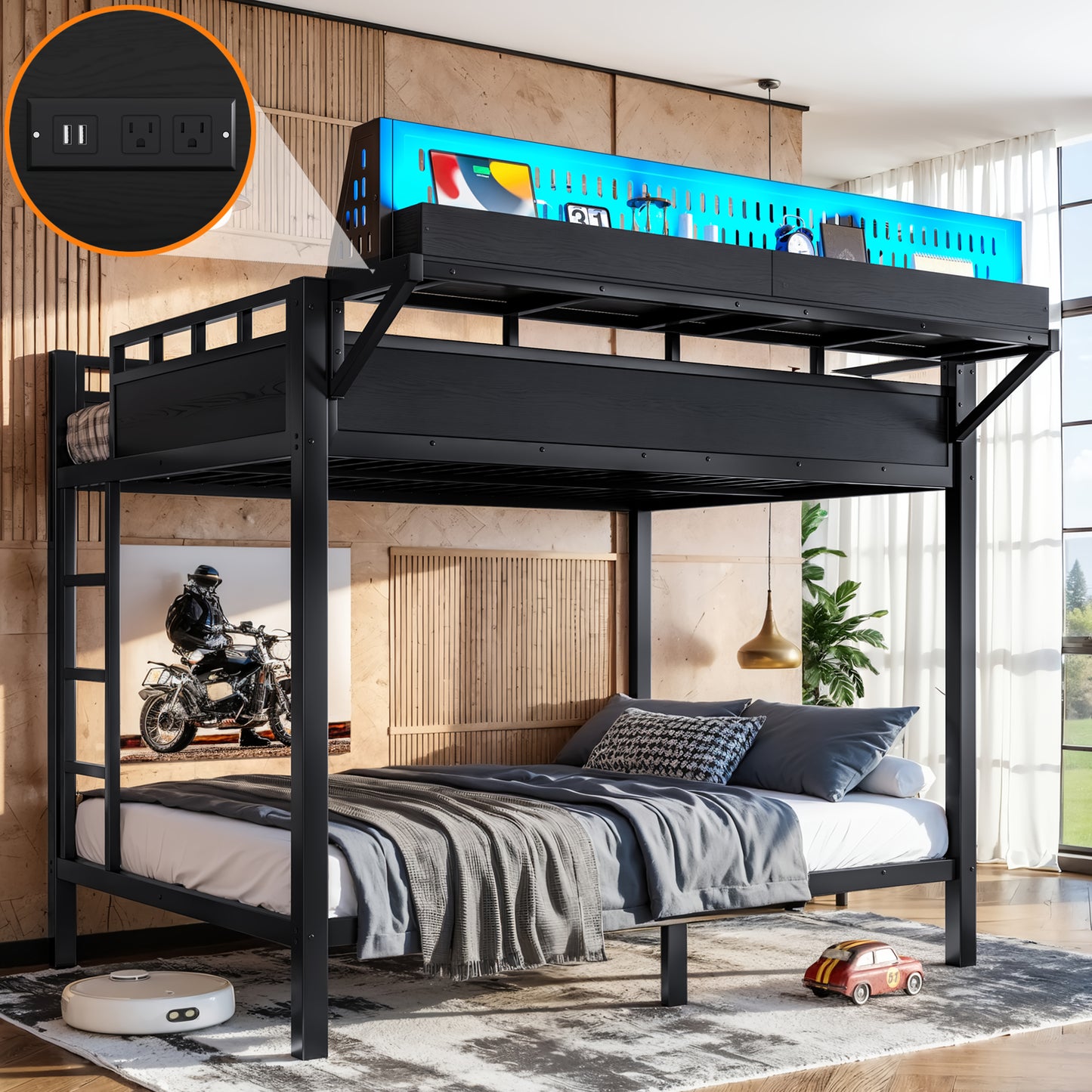 Full Over Full Metal Bunk Bed with Storage Shelves & USB Ports - Black
