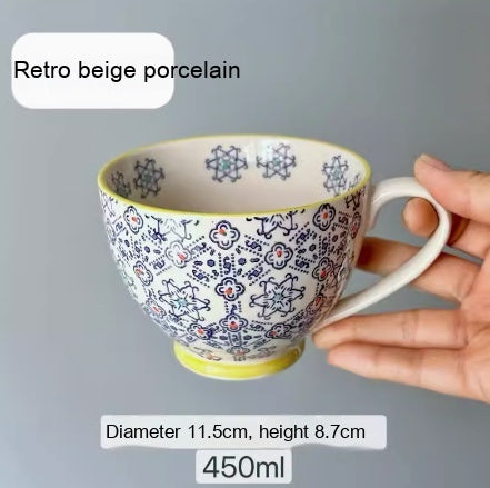 Large Capacity Ceramic Breakfast Mug for Milk and Oatmeal - Vintage Style, 400-450ml