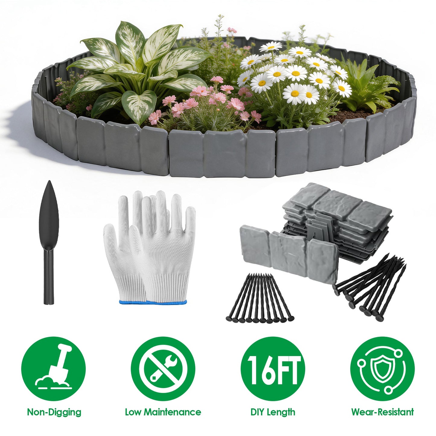 16ft Plastic Garden Edging Kit with 20 Interlocking Borders and Spikes - Flexible Lawn & Flower Bed Border