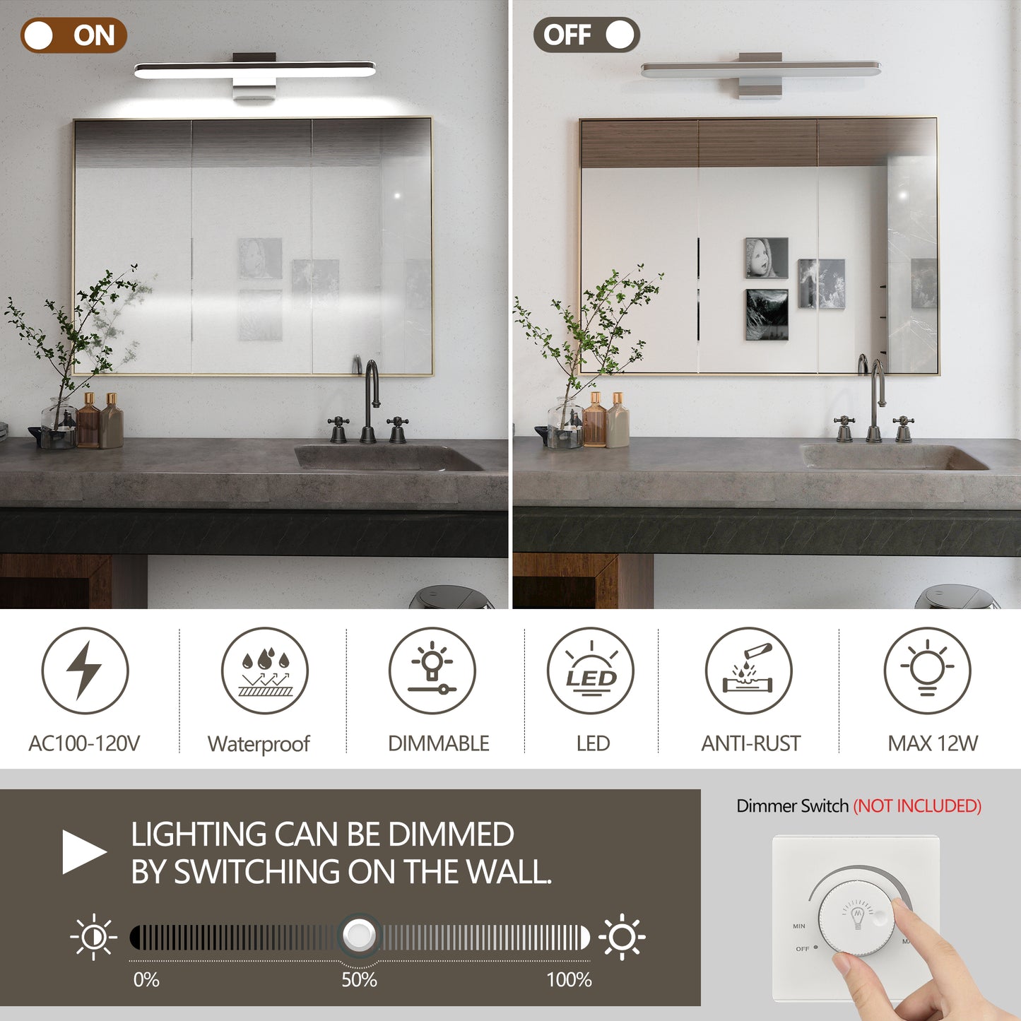 Dimmable 24 Inch Chrome LED Vanity Wall Light for Bathroom Mirror
