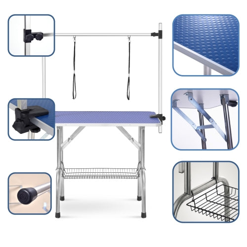 36 Inch Heavy Duty Folding Pet Grooming Table with Adjustable Arms - Stainless Steel for Dogs & Cats - Blue