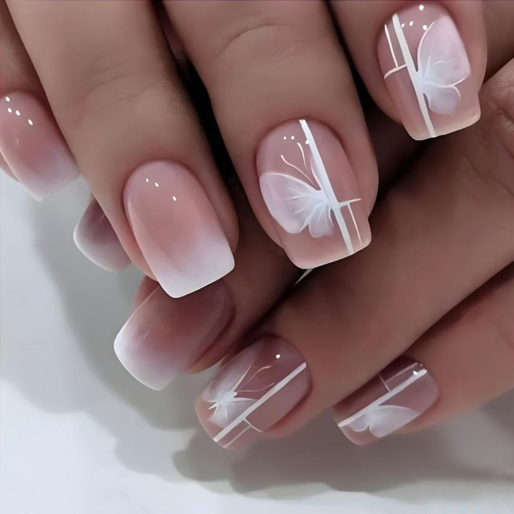 24-Piece Pink Jelly Nail Polish Set with Butterfly Gradient Art - Short Square Tips