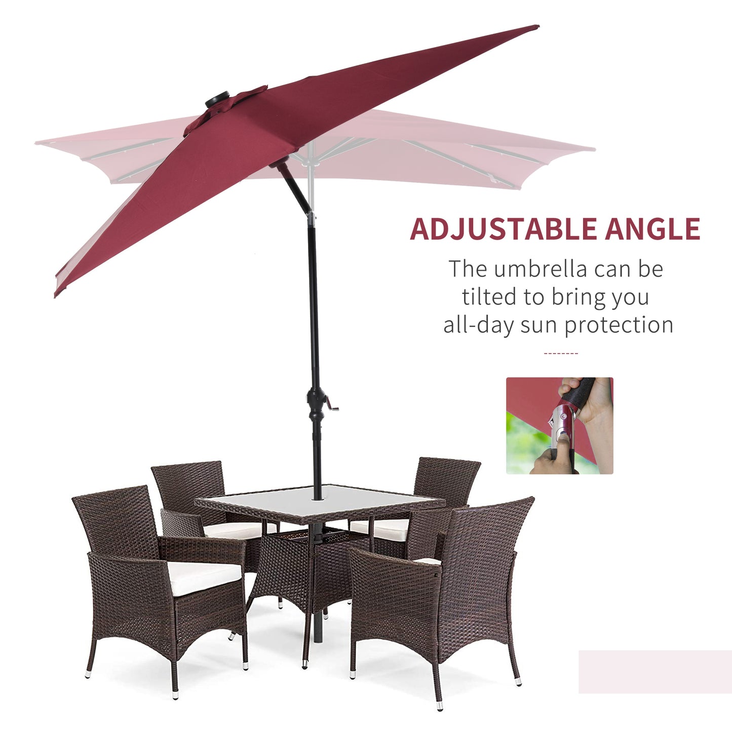 Solar LED Lighted Patio Umbrella - Wine Red, 9x7 ft with Tilt & Crank
