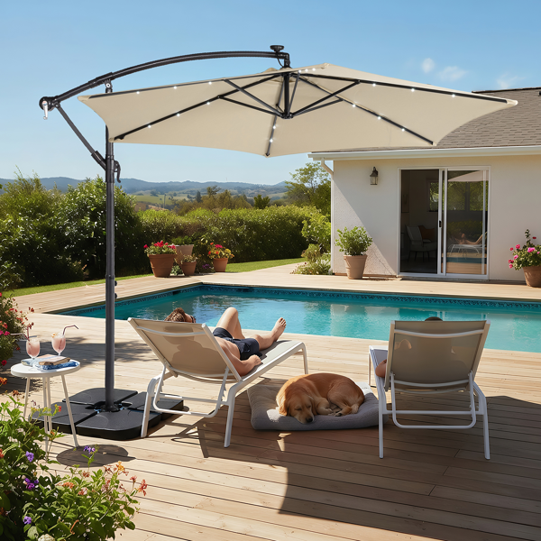 10FT Round Patio Hanging Umbrella with LED Lights - Khaki