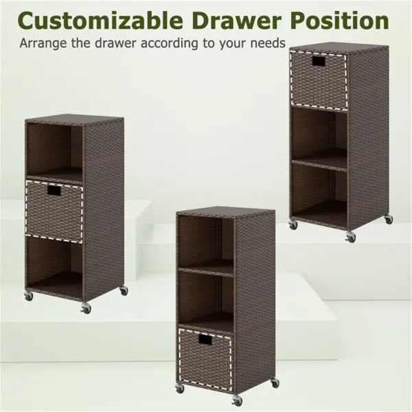 Outdoor Storage Cabinet with 3 Shelves, Drawer & Lockable Wheels