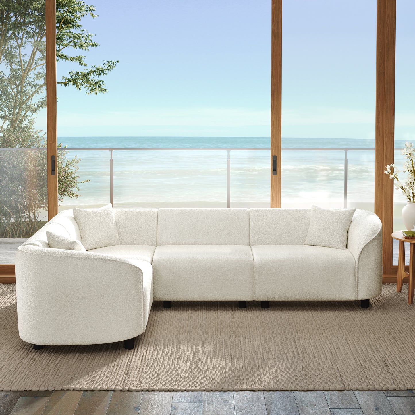 104 L-Shaped Curved Contemporary Sectional Sofa In Beige Plush