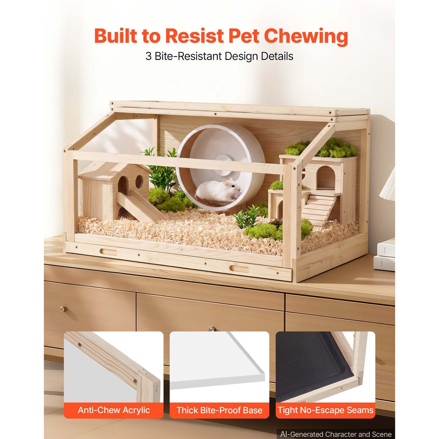 Large Wooden Hamster Cage 39.4x20.5x19.9 Inches with Acrylic View, Open Top, Chewproof Habitat for Small Pets