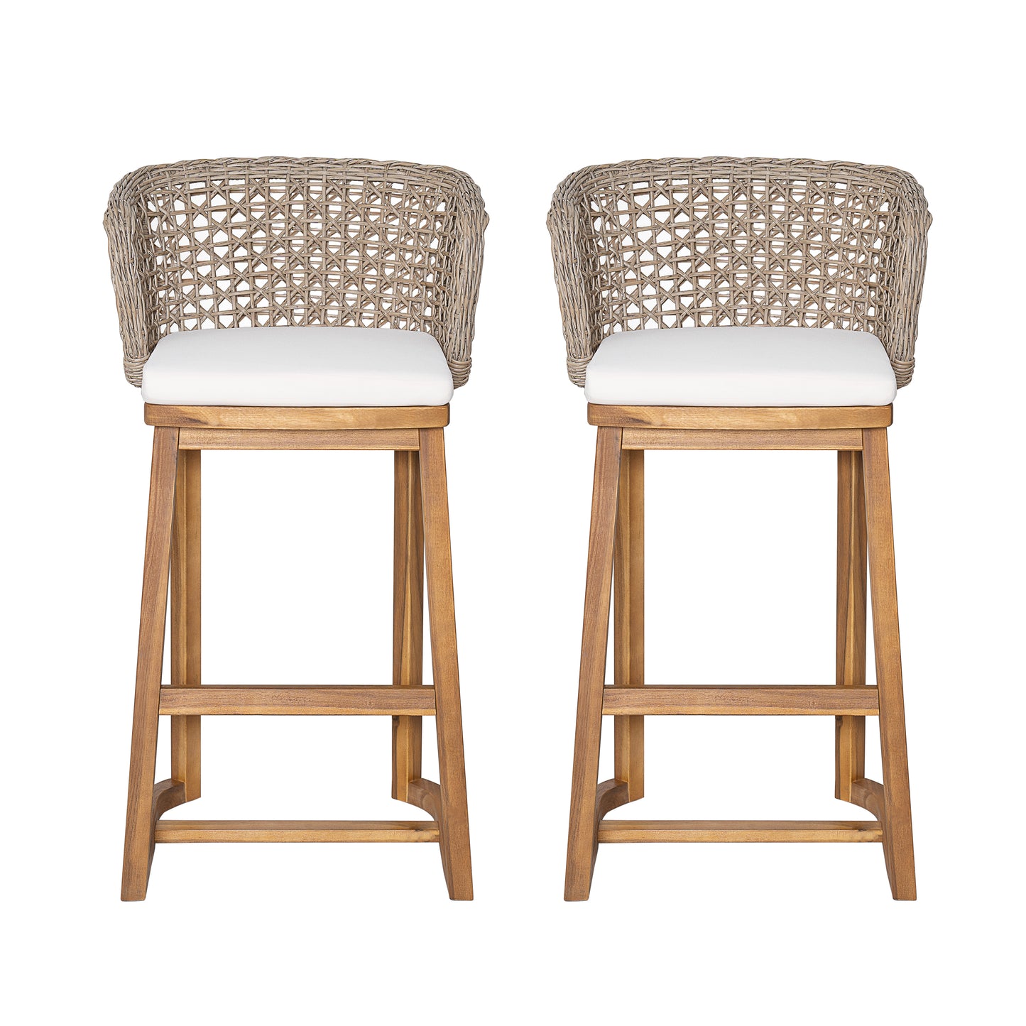 Outdoor Acacia Wood Bar Stools Set of 2 with Beige Cushion
