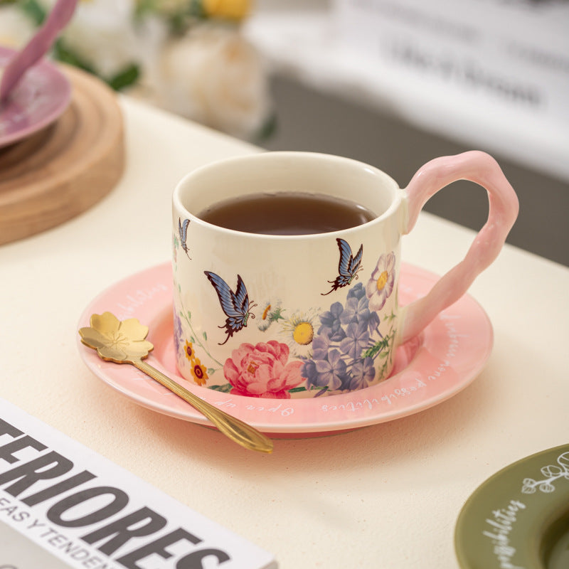 Ceramic Butterfly Coffee Cup and Saucer Gift Set - Vintage Kitchen Drinkware