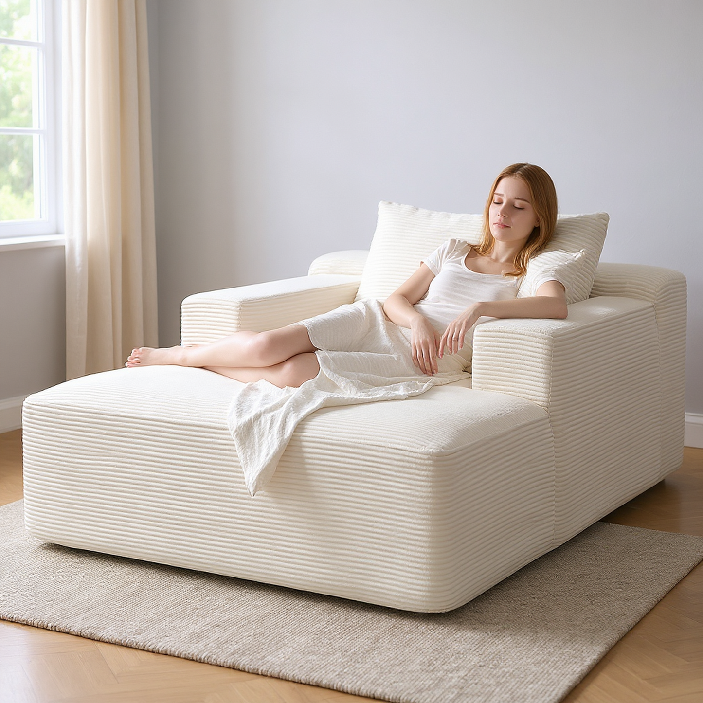 Convertible Chaise Lounge Chair Indoor Oversized Corduroy Couch With