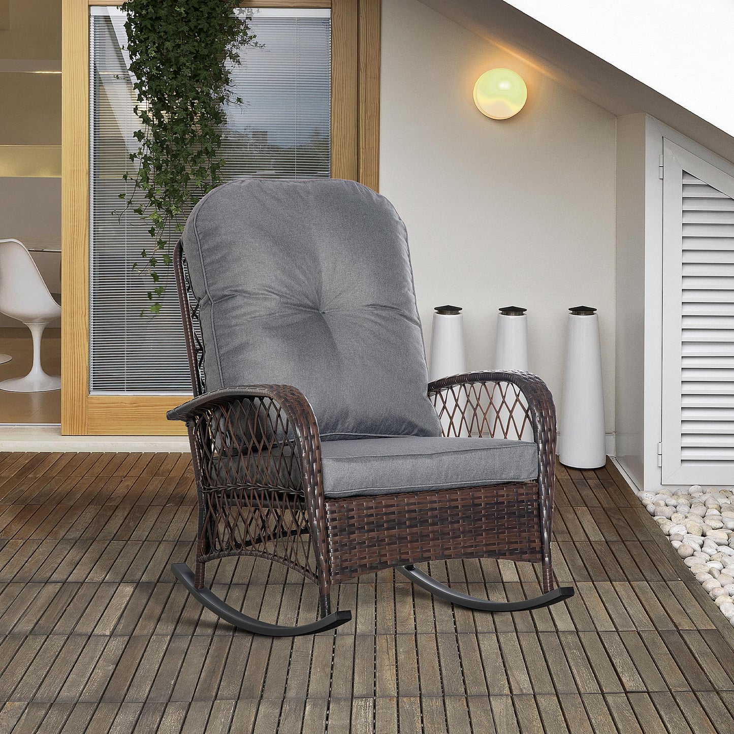 Rattan Porch Rocker with Plush Cushion - Light Gray