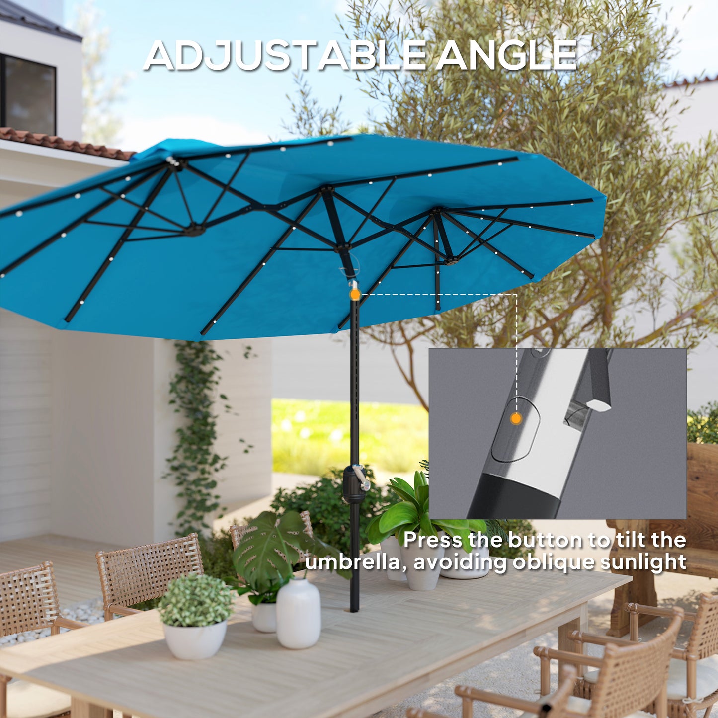 Double-Sided Outdoor Umbrella with LED Solar Light - Light Blue