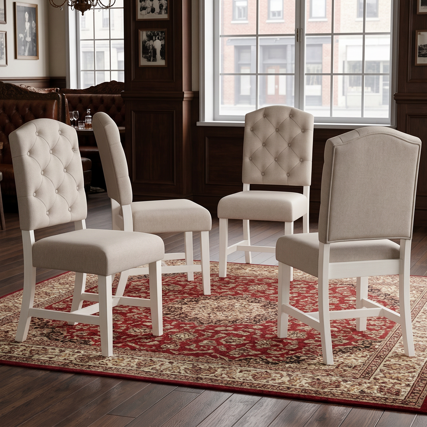 Retro Dining Chair Set - 4 Upholstered Off White Chairs in Oak Wood