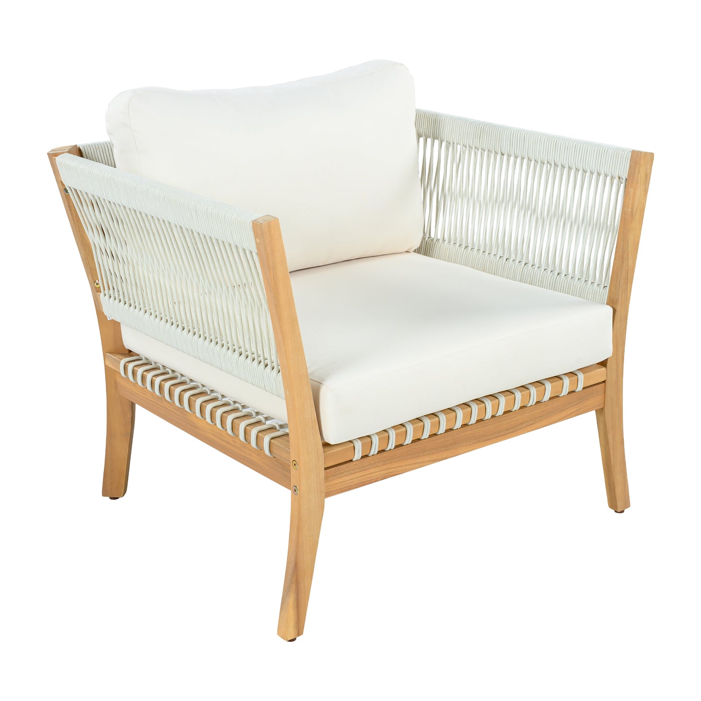Outdoor Acacia Wood Lounge Chair with Thick Cushions - Natural/Beige
