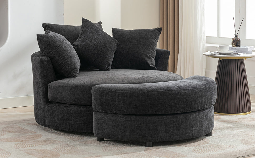 360° Swivel Accent Barrel Chair with Storage Ottoman & 4 Pillows - Gray