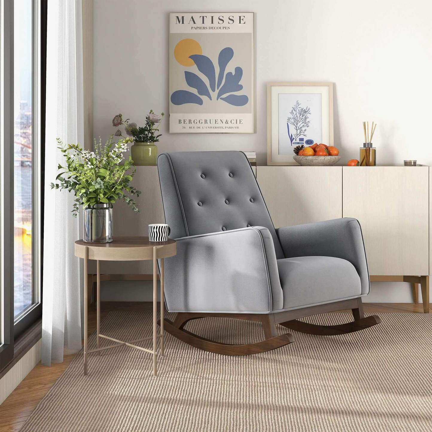 Premium Demetrius Light Grey Fabric Solid Wood Rocking Chair For