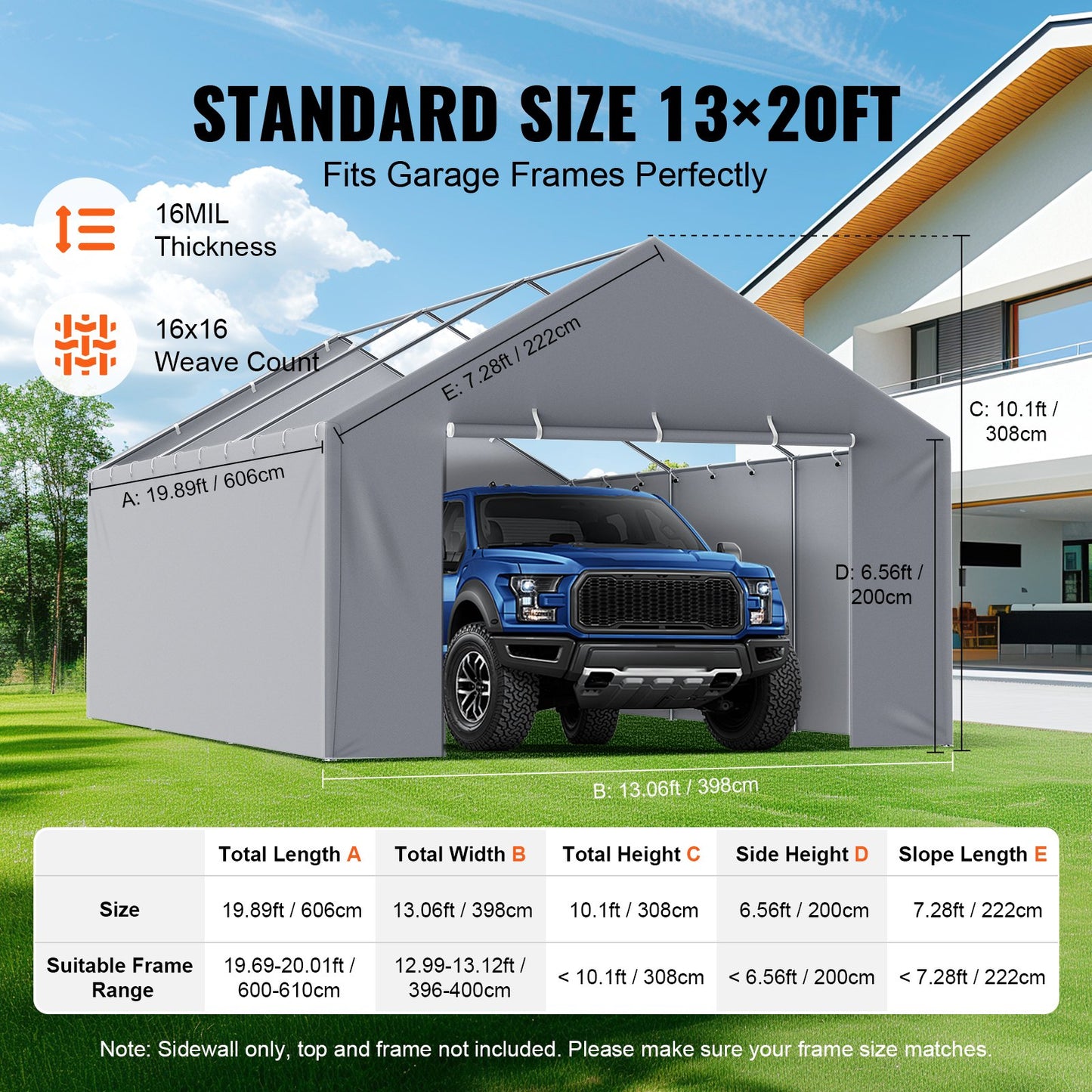 13x20 Ft Waterproof UV Side Wall Canopy Cover for Garage Shelter - Grey
