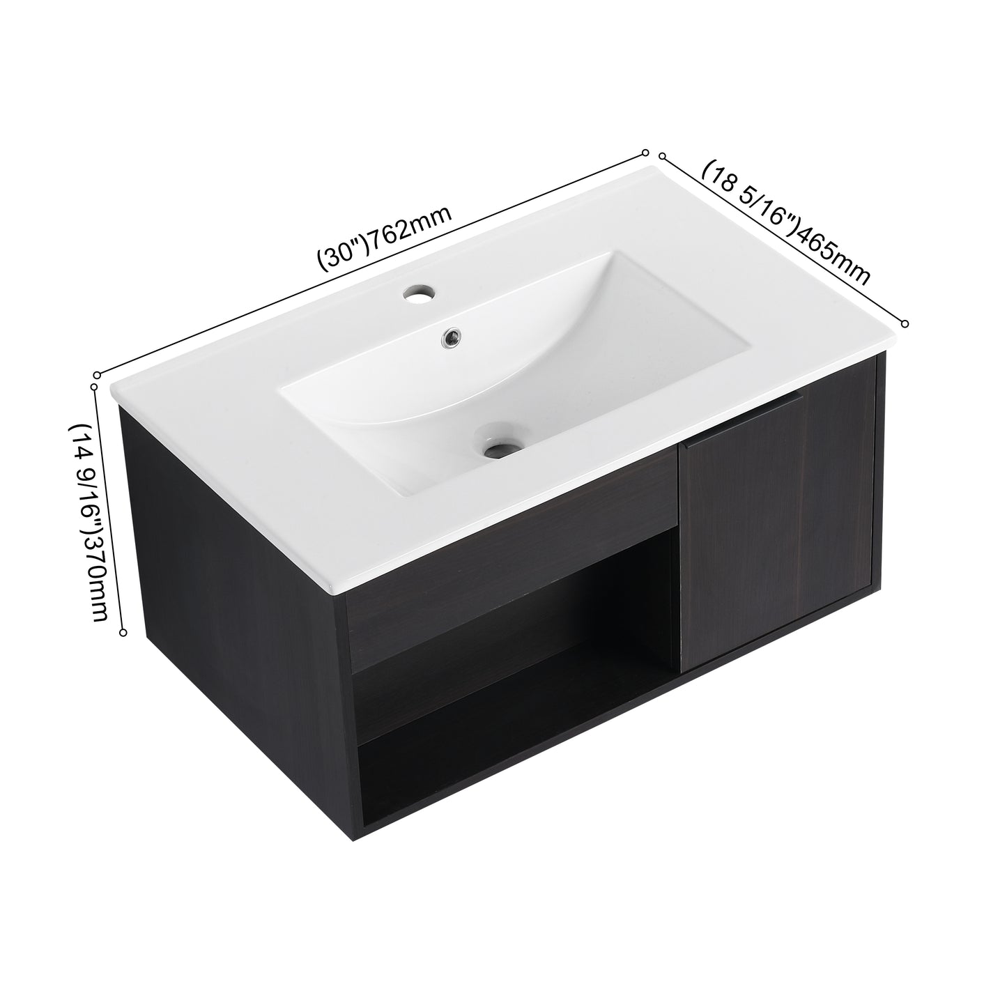 30-Inch Wall-Mounted Bathroom Vanity with Ceramic Sink - Dark Oak