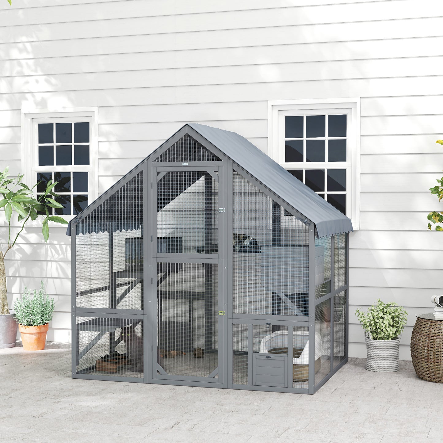 Outdoor Wooden Cat Enclosure with Waterproof Cover for 2-4 Cats - Gray