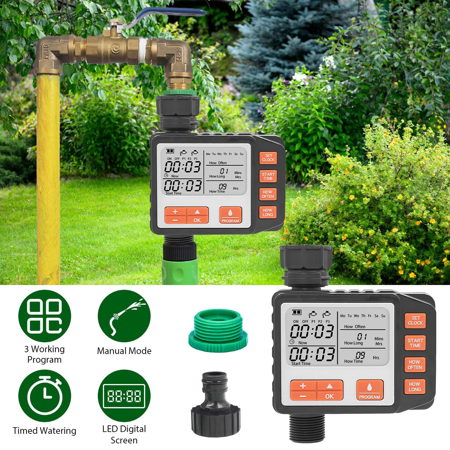 Garden Sprinkler Timer with 3 Watering Programs Waterproof Irrigation System