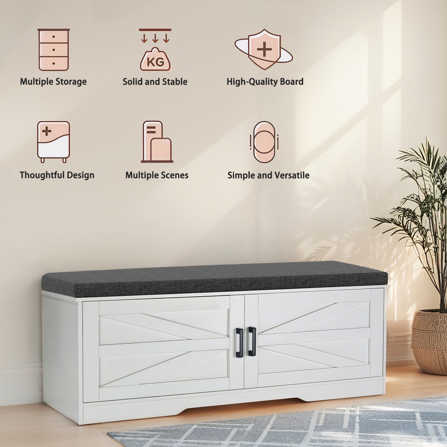 2-Tier Storage Bench, Farmhouse Shoe Bench With Padded Seat Cushion,