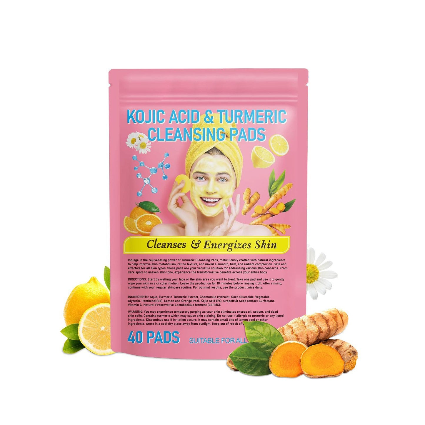 Gentle Skin Care Exfoliating Cleansing Pads - Turmeric & Kojic Acid, 40pcs