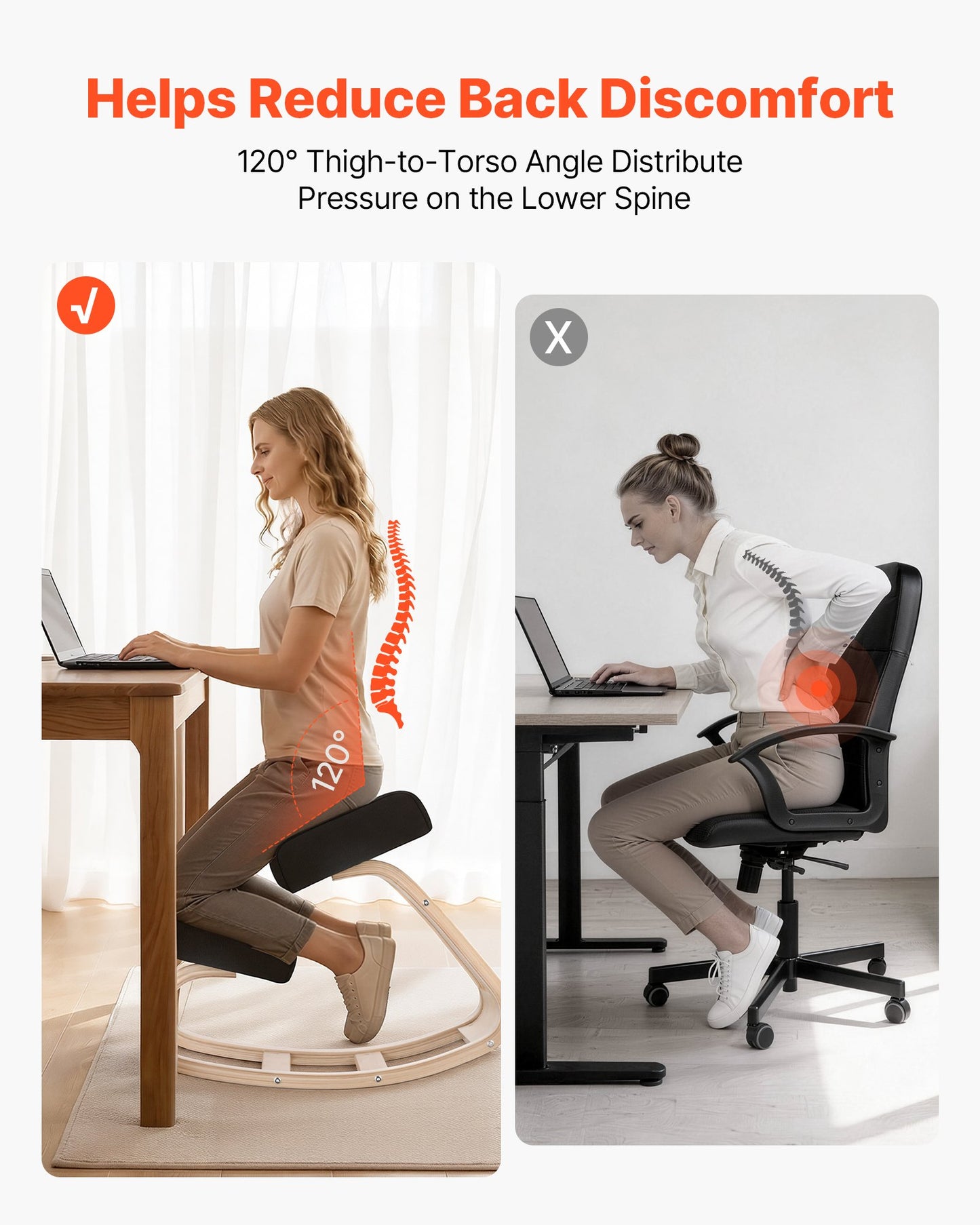 Ergonomic Kneeling Chair with Wooden Frame and Thick Foam Cushions - Adjustable Height for Posture Relief