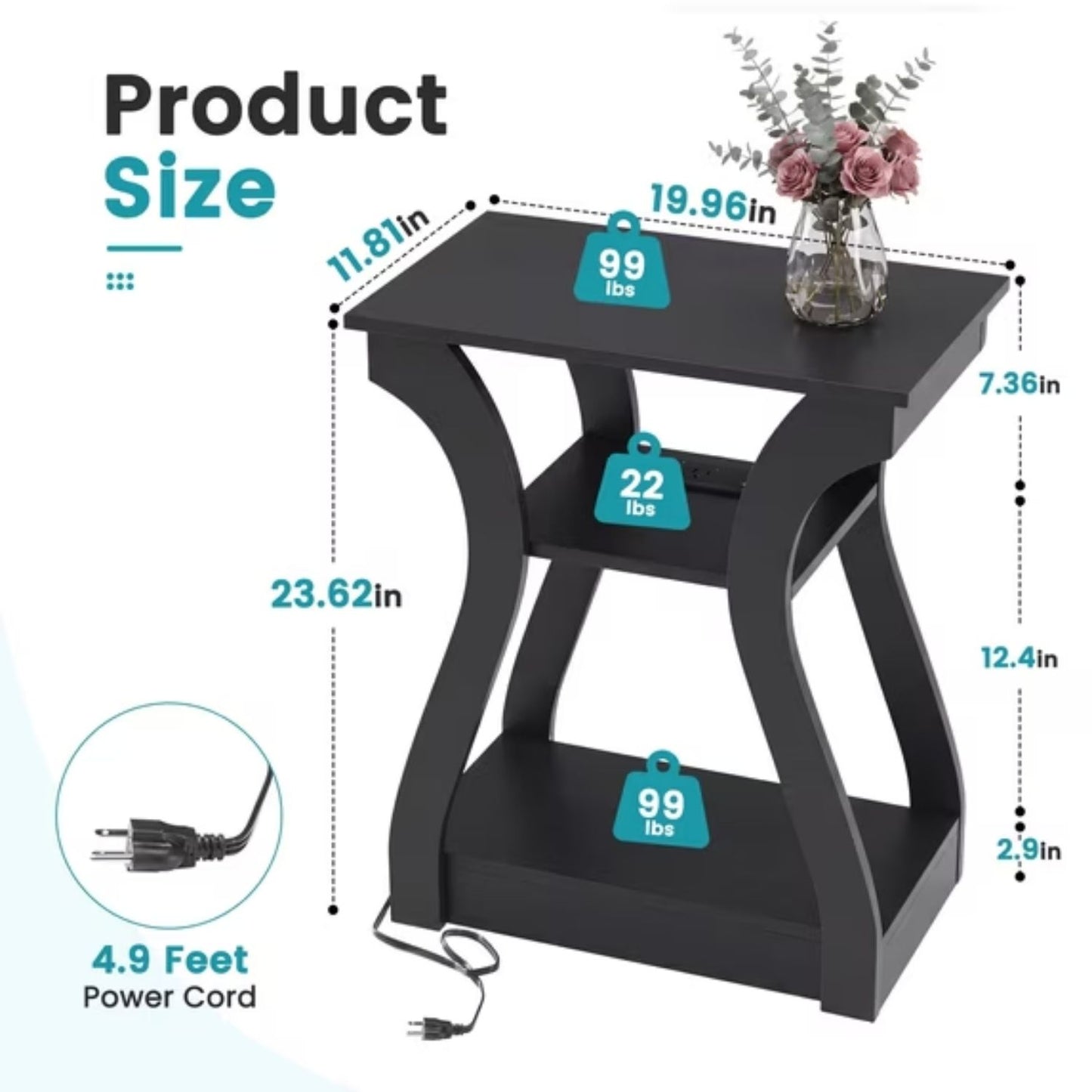Slim End Table Set with Charging Station, USB Ports & Outlets