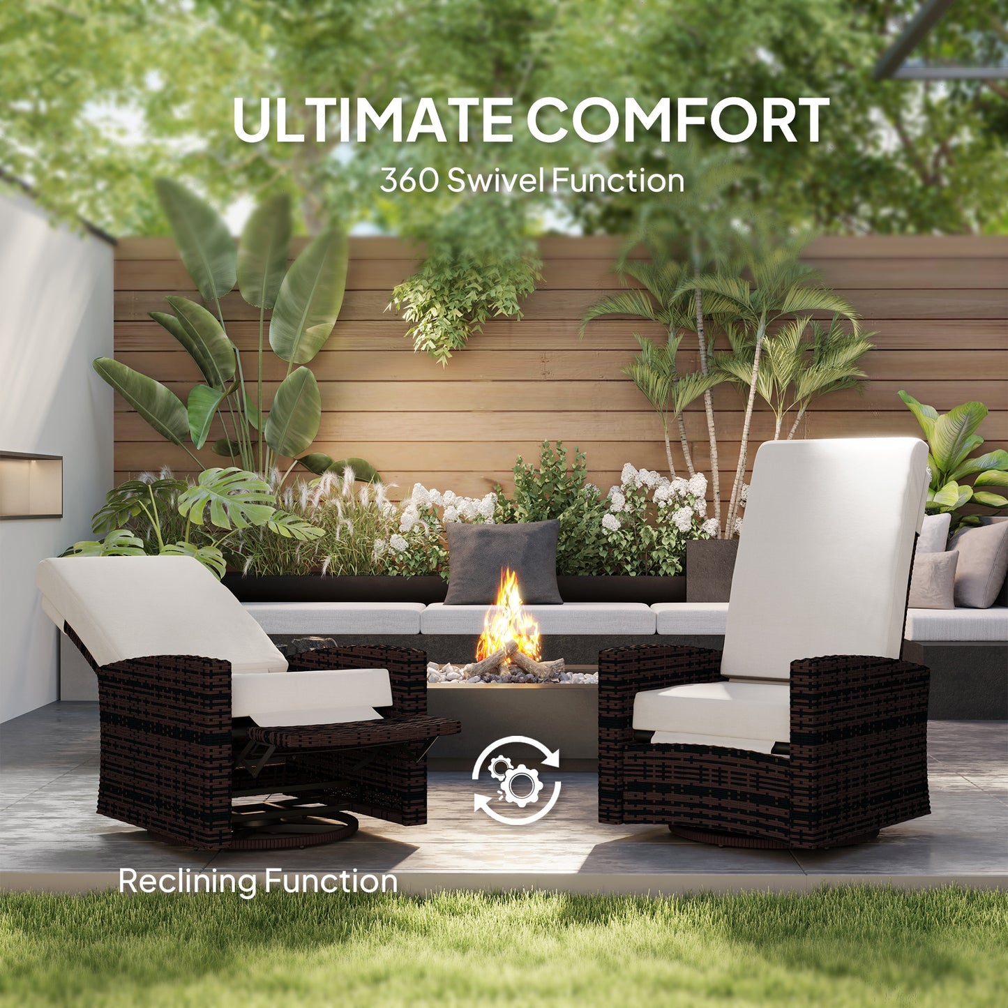 Outdoor Wicker Swivel Recliner Chair with Lifting Footrest - Khaki