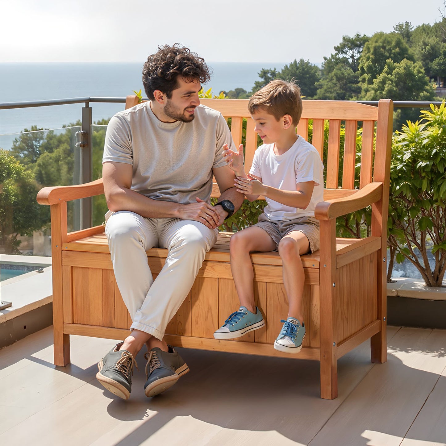Outdoor Wooden Storage Bench and Seating, Waterproof Deck Box for Garden