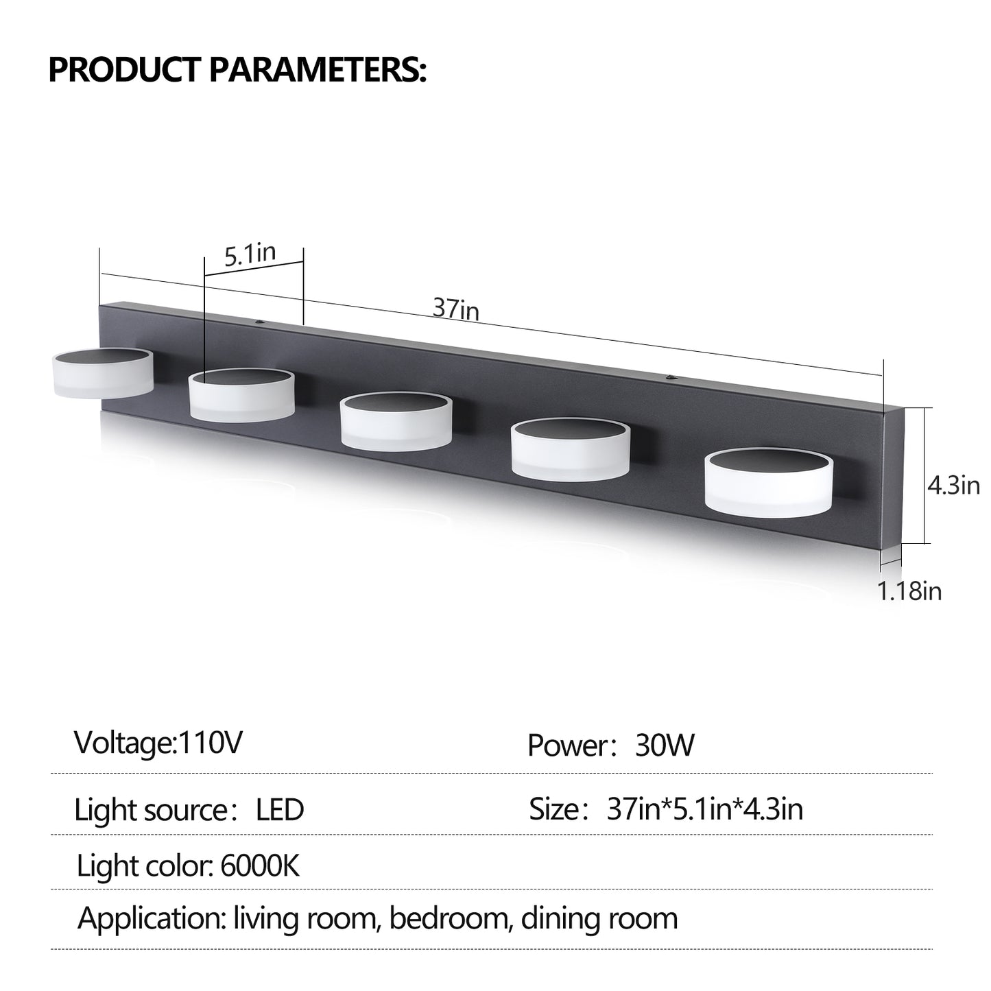 5-Light LED Vanity Light Fixture - Dimmable Black Bathroom Lighting
