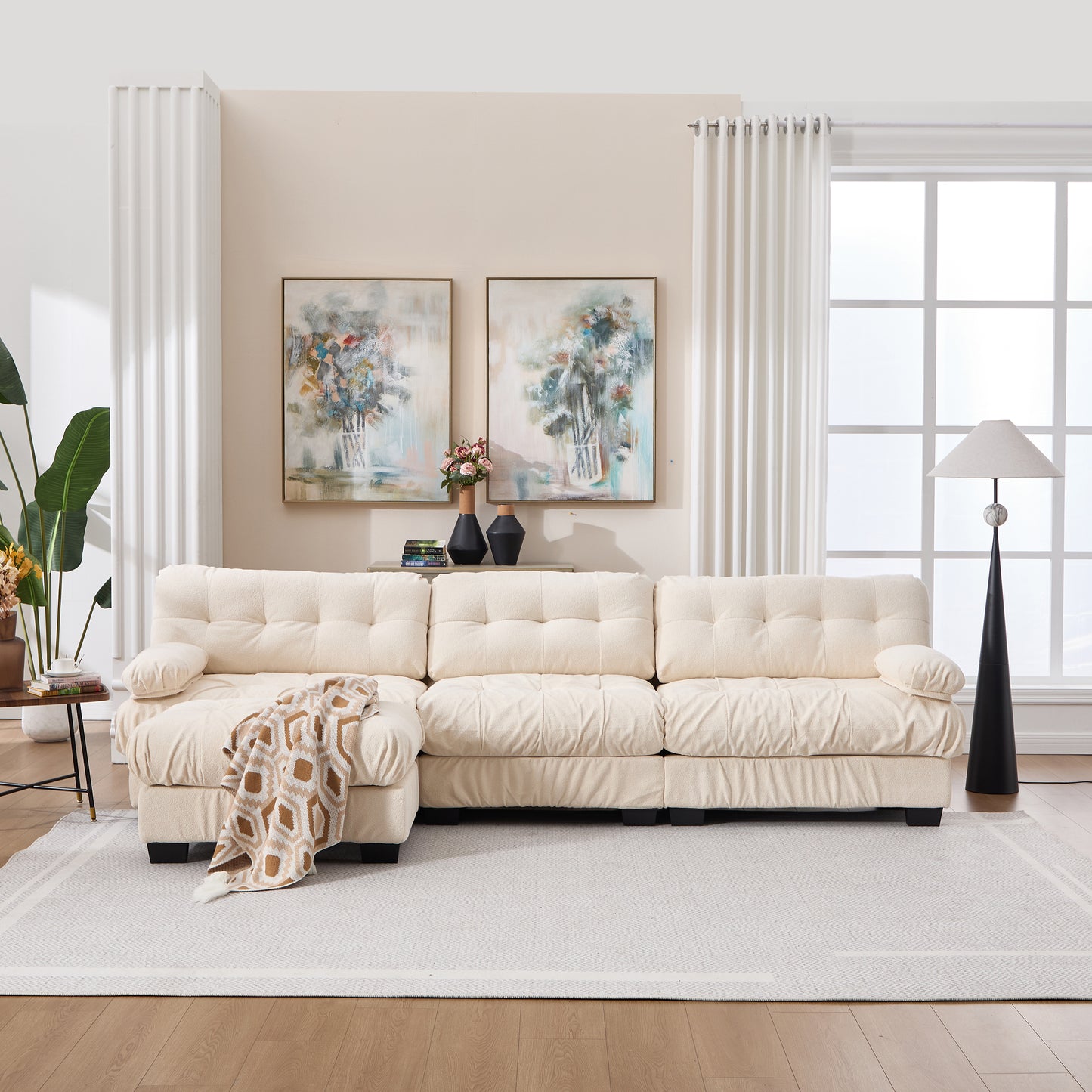 Modular Sectional Sofa - Oversized L-Shaped Couch with Ottoman - Beige