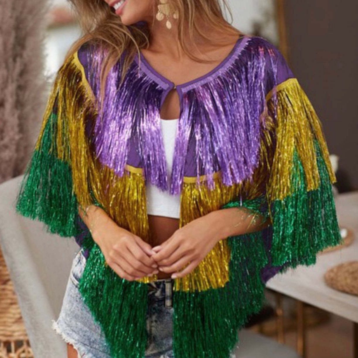 Carnival Metallic Raincoat Costume Set with Cape Skirt and Poncho for Female