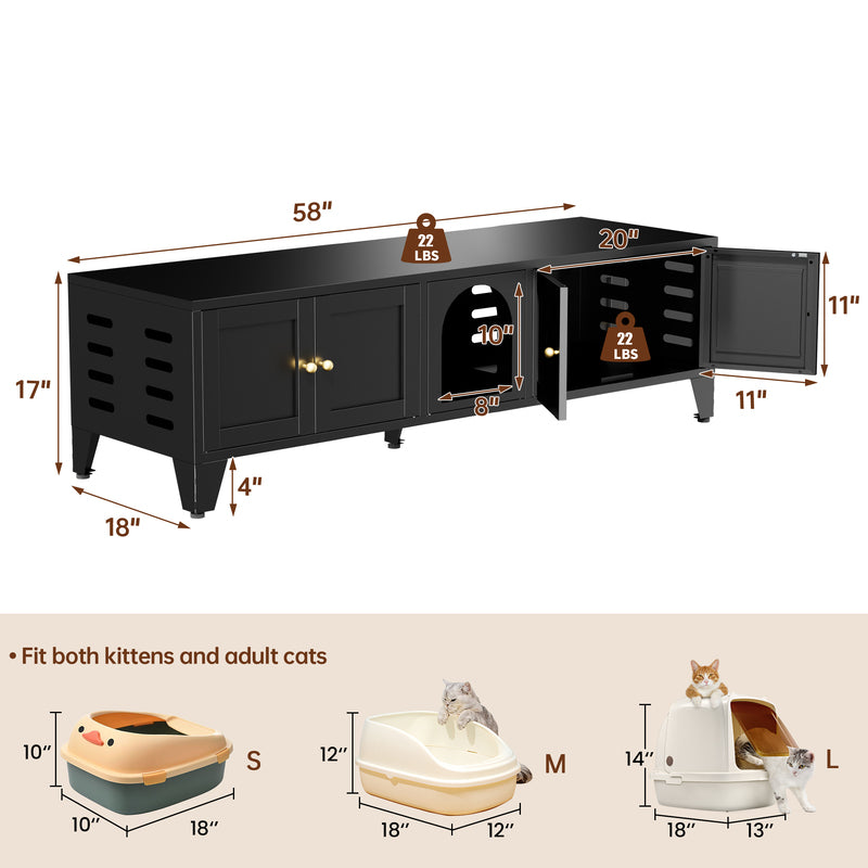 58in Metal Cat Litter Box Enclosure with Ventilation & Storage - Black Modern Pet House & TV Stand