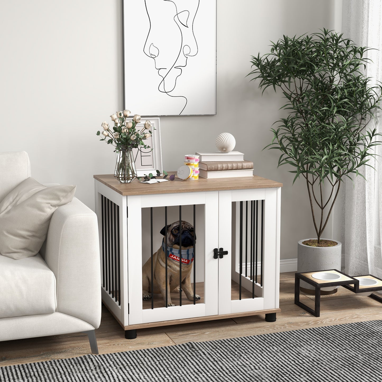 Dog Crate Side Table - Indoor Kennel with Lockable Door - Walnut Brown