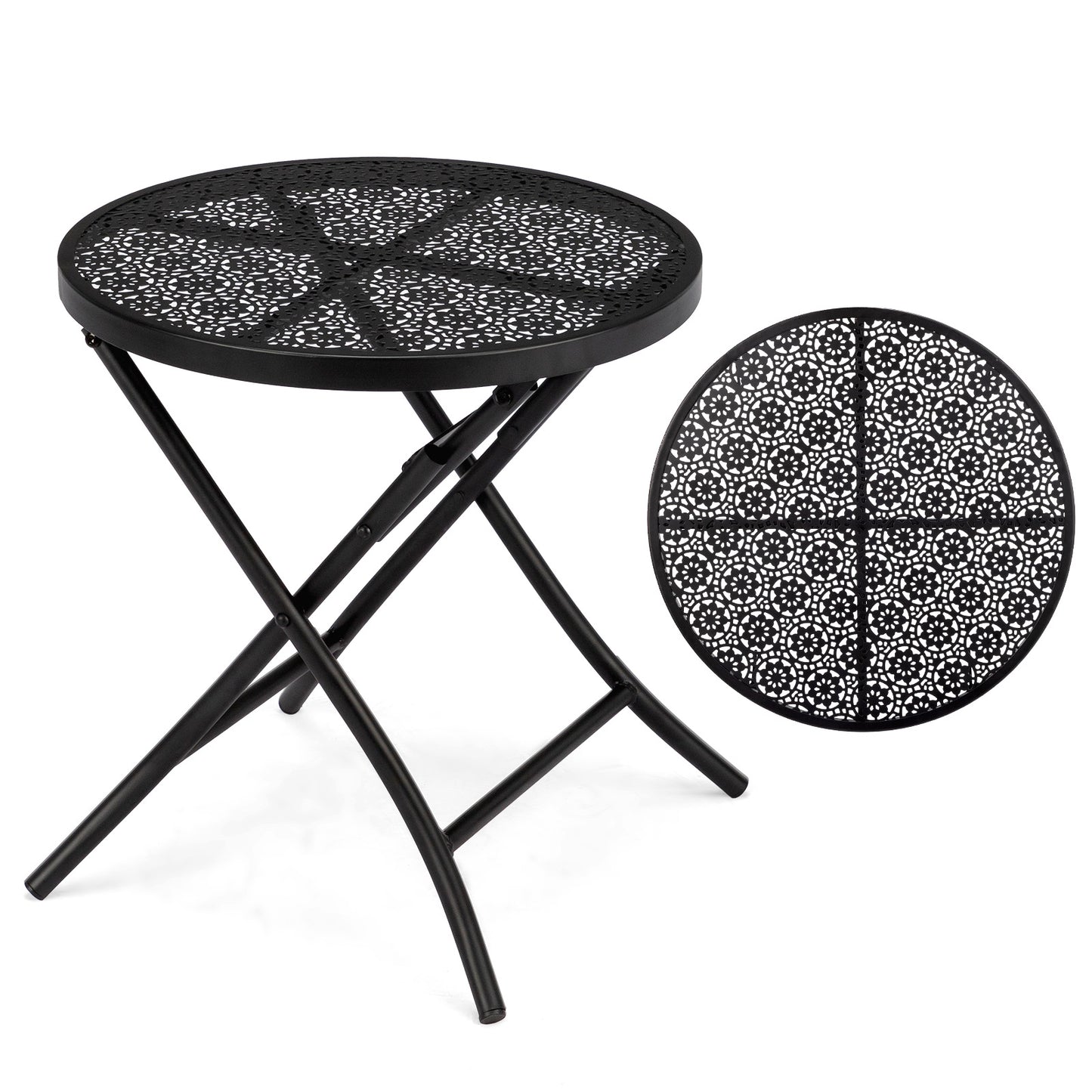 Folding Outdoor Side Table - Round Metal Nightstand, Black