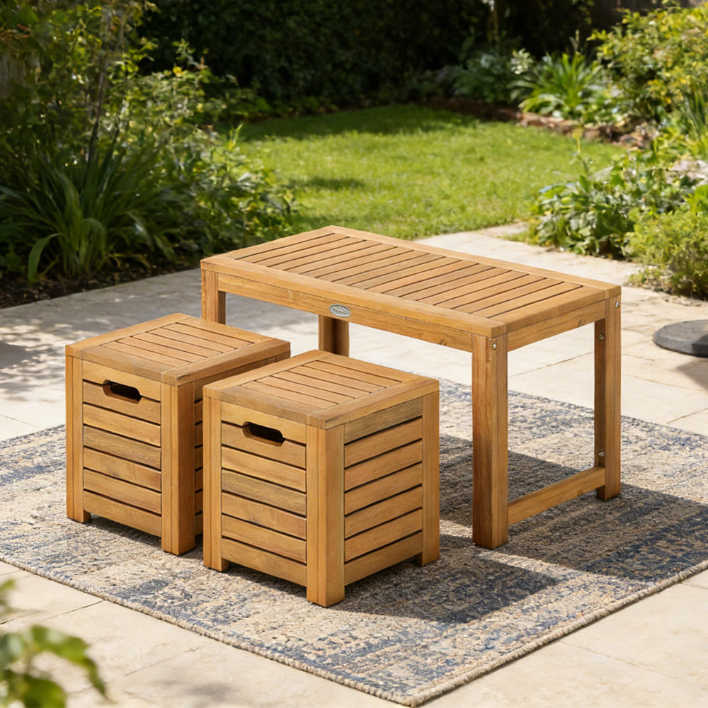 Acacia Wood Outdoor Coffee Table With Stools Set Of 2 3 Pieces Patio