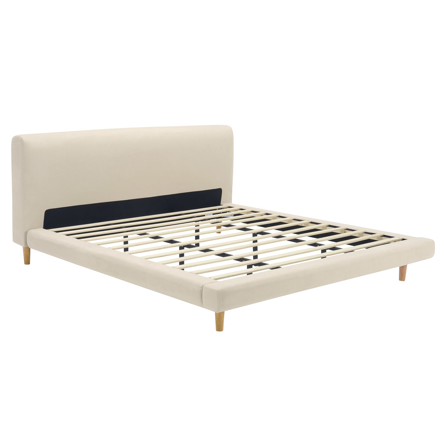 Beige Chunky Headboard Bed Frame with Solid Rubberwood Legs - King