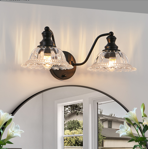 20 Inch 2-Light Vintage Bathroom Wall Sconce - Black Metal & Glass Vanity Light